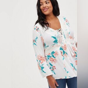 TORRID NWT Baby Doll Lace Up Crinkle Gauze Floral Tunic Blouse Crochet Eyelet